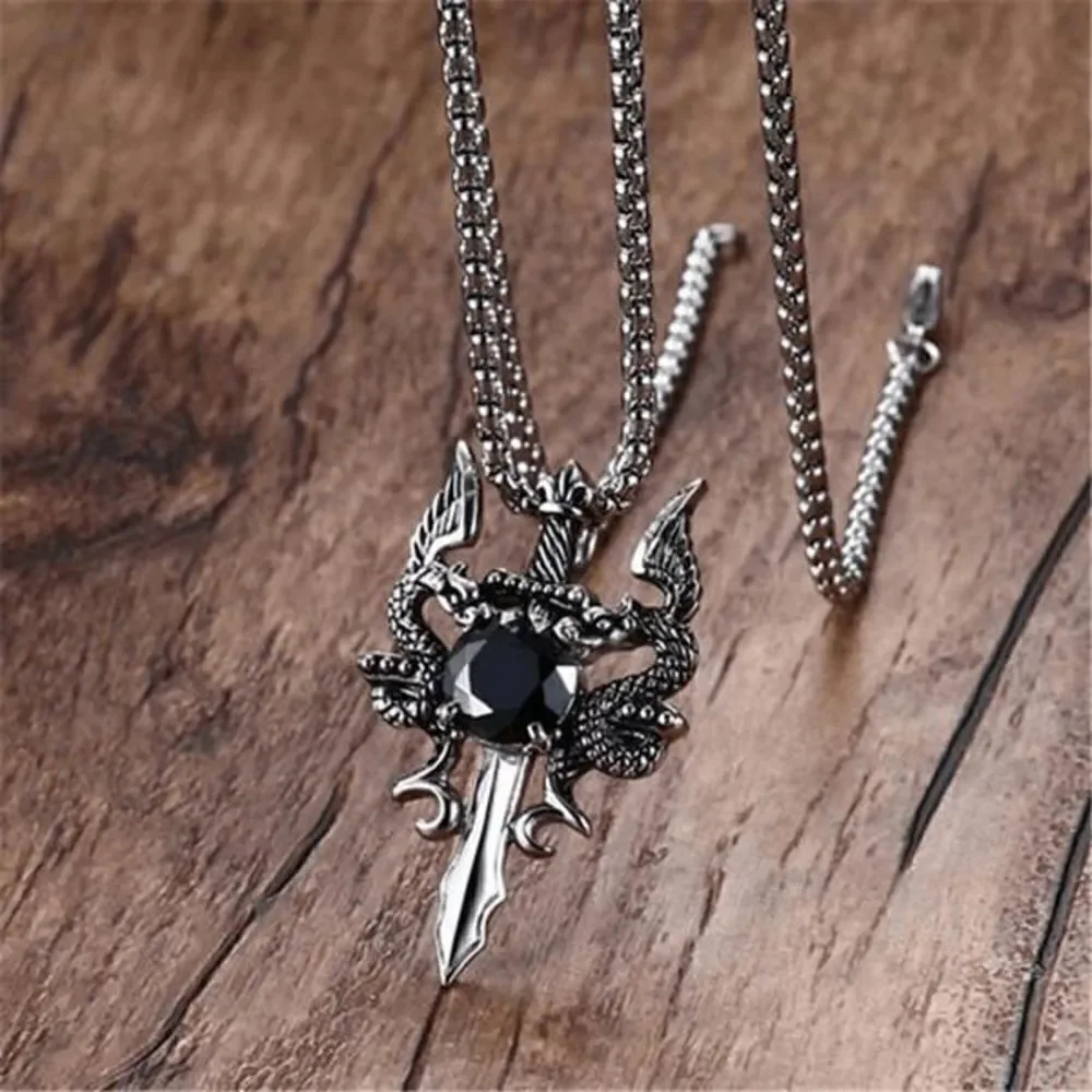 STAINLESS STEEL BLACK DIAMOND TWIN DRAGON CROSS SWORD NECKLACE